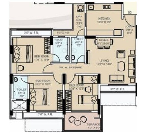Floor plan of 3 BHK 856 Sq. Ft. Apartment in Shree Siddhi Heights, Palghar