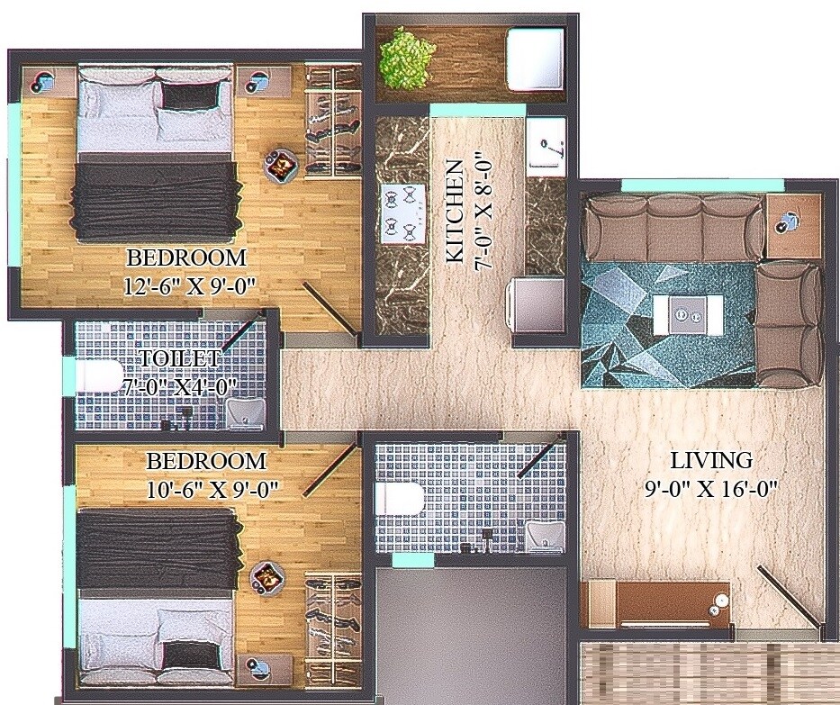 Floor plan of 2 BHK 681 Sq. Ft. Apartment in Shrehit Emerald Woods, Palghar