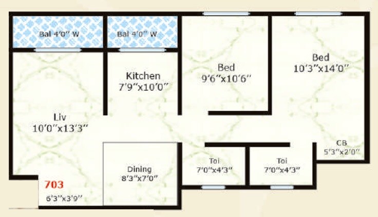 Floor plan of 2 BHK 691 Sq. Ft. Apartment in Shrijee Dajiba Heights, Palghar