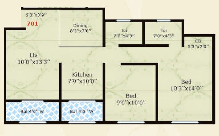 Floor plan of 2 BHK 736 Sq. Ft. Apartment in Shrijee Dajiba Heights, Palghar