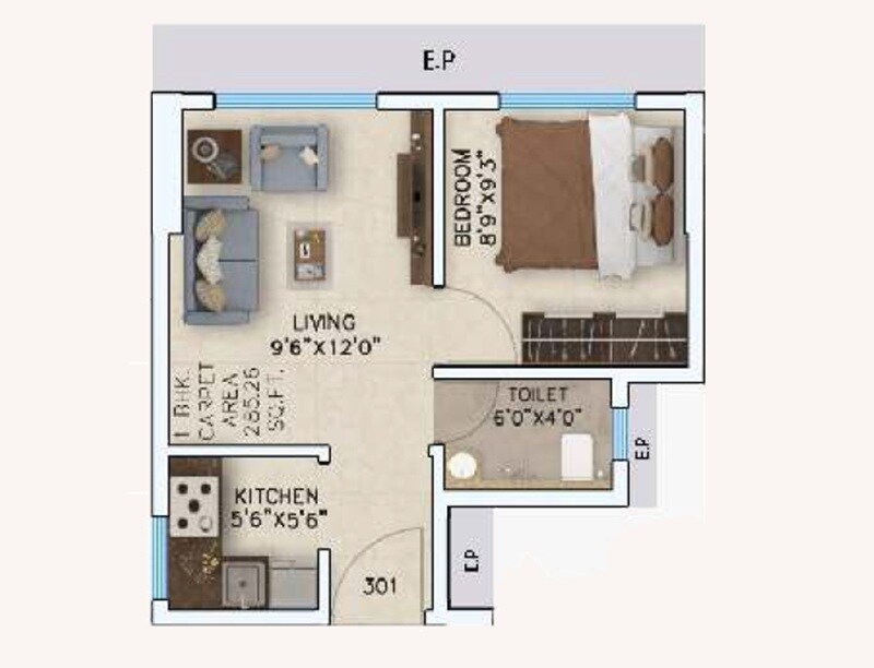 Floor plan of 1 BHK 290 Sq. Ft. Apartment in Shripal One, Palghar