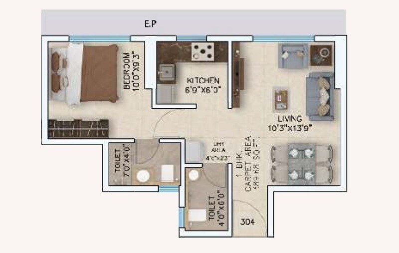 Floor plan of 1 BHK 393 Sq. Ft. Apartment in Shripal One, Palghar