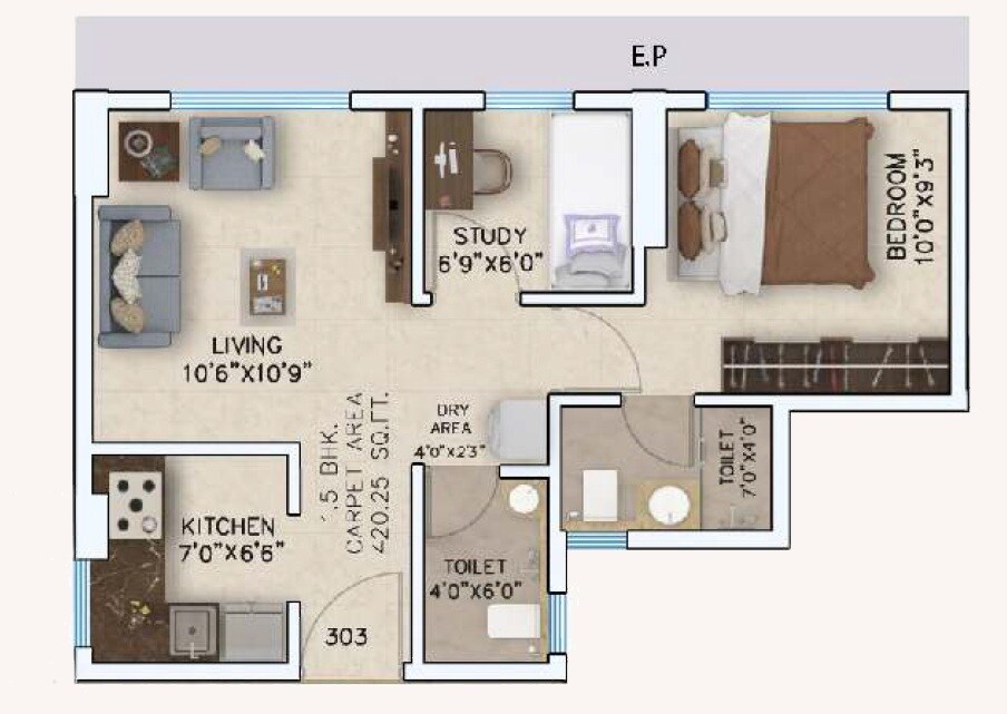 Floor plan of 2 BHK 420 Sq. Ft. Apartment in Shripal One, Palghar