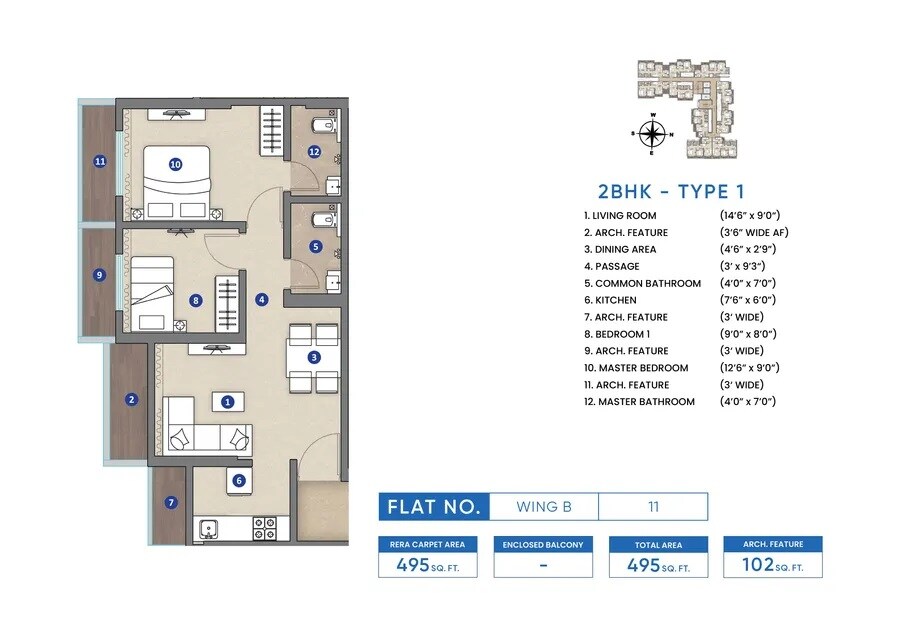 Floor plan of 2 BHK 495 Sq. Ft. Apartment in Shripal Sattva, Palghar
