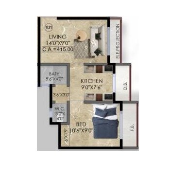 Floor plan of 1 BHK 416 Sq. Ft. Apartment in SK Heights Palghar, Palghar