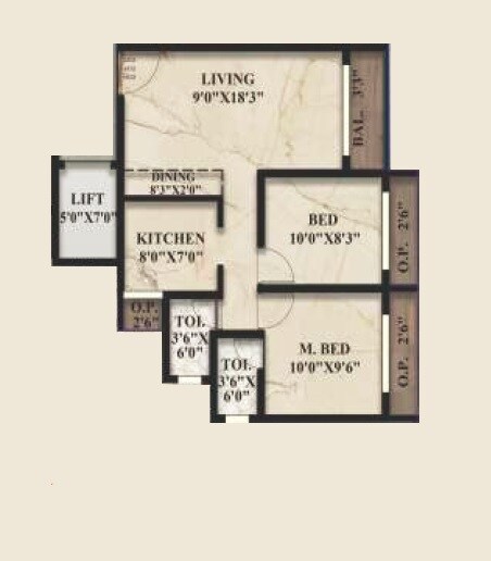 Floor plan of 2 BHK 457 Sq. Ft. Apartment in Sky Touch Angel Wings, Palghar