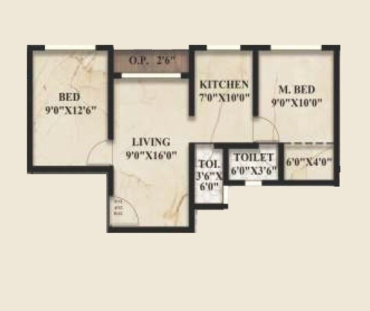 Floor plan of 2 BHK 501 Sq. Ft. Apartment in Sky Touch Angel Wings, Palghar
