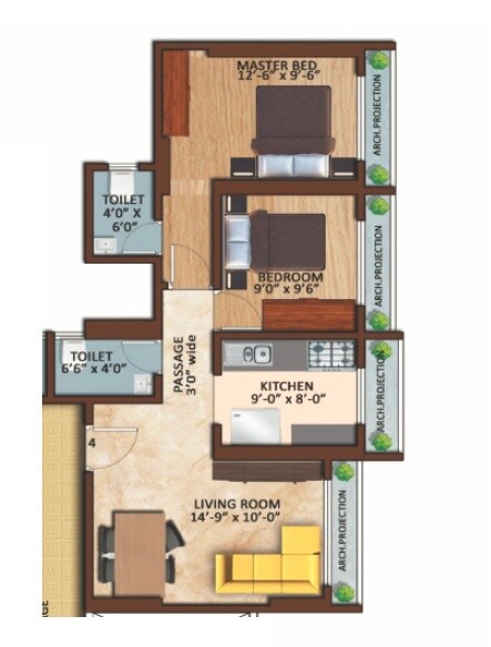 Floor plan of 2 BHK 600 Sq. Ft. Apartment in Skyland Basera Garden, Palghar