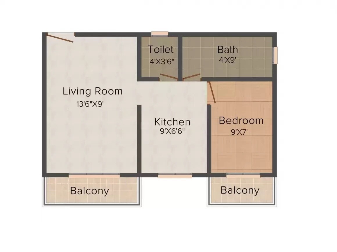 Floor plan of 1 BHK 375 Sq. Ft. Apartment in SN Rivera Apartments, Palghar