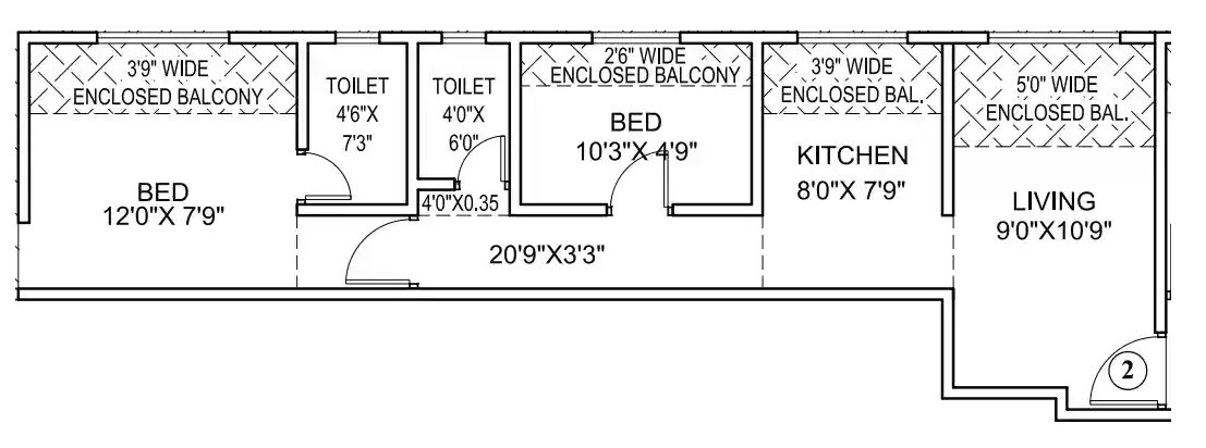Floor plan of 2 BHK 1148 Sq. Ft. Apartment in SOL Ashiyana, Palghar
