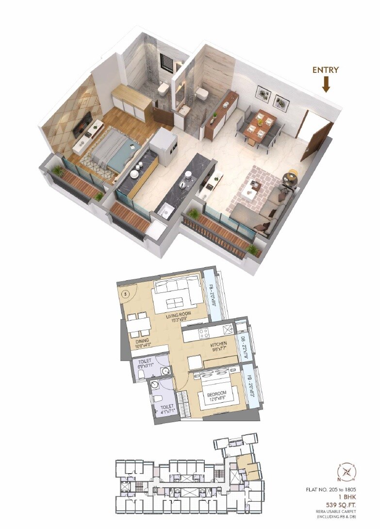 Floor plan of 1 BHK 539 Sq. Ft. Apartment in Space Yashwant County, Palghar