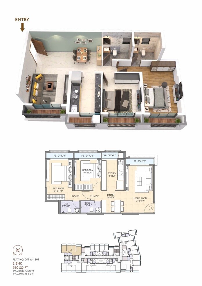 Floor plan of 2 BHK 749 Sq. Ft. Apartment in Space Yashwant County, Palghar