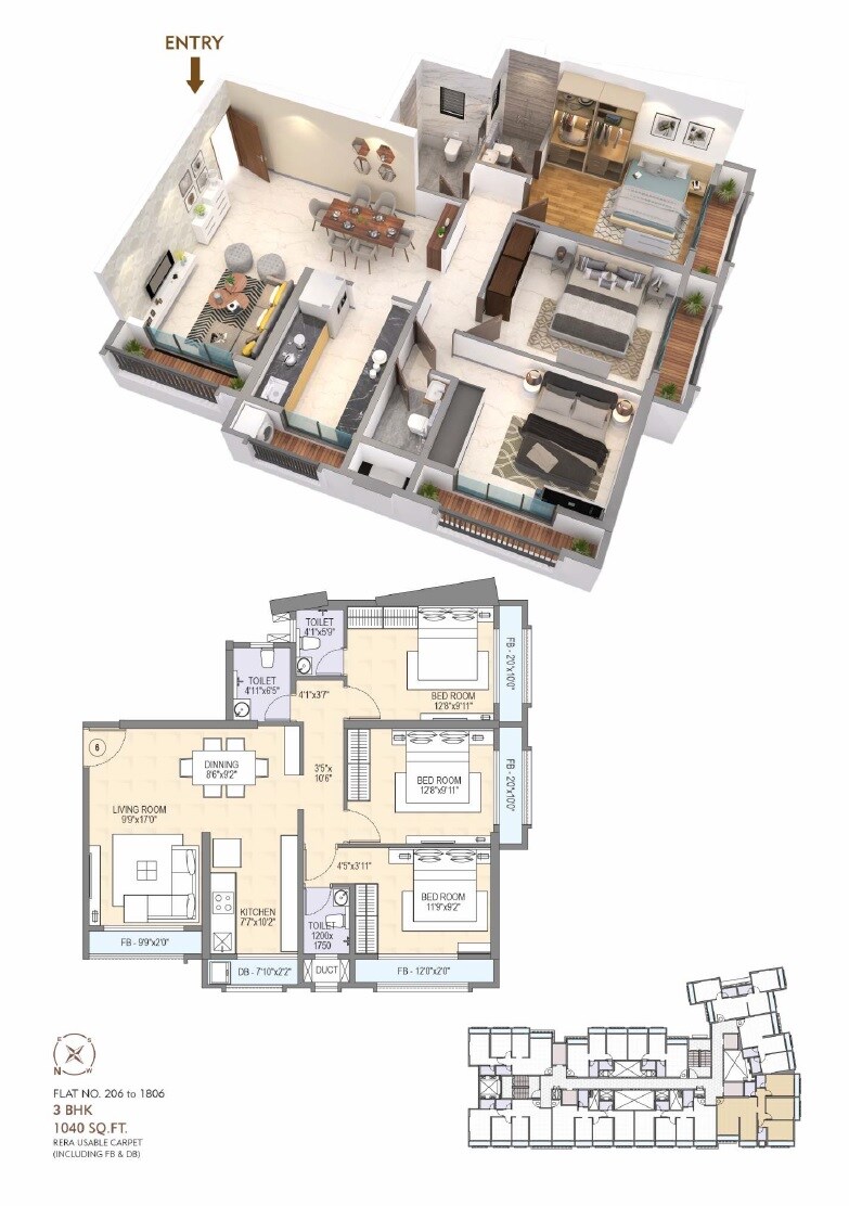 Floor plan of 3 BHK 1040 Sq. Ft. Apartment in Space Yashwant County, Palghar