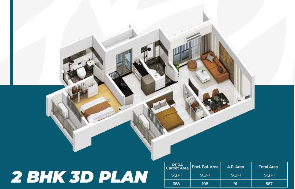 Floor plan of 2 BHK 410 Sq. Ft. Apartment in Square Green Valley, Palghar