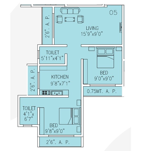 Floor plan of 2 BHK 426 Sq. Ft. Apartment in Square Green Valley, Palghar