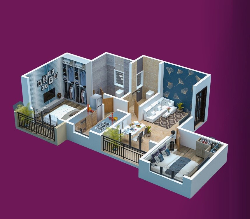 Floor plan of 2 BHK 514 Sq. Ft. Apartment in Star Signature City, Palghar