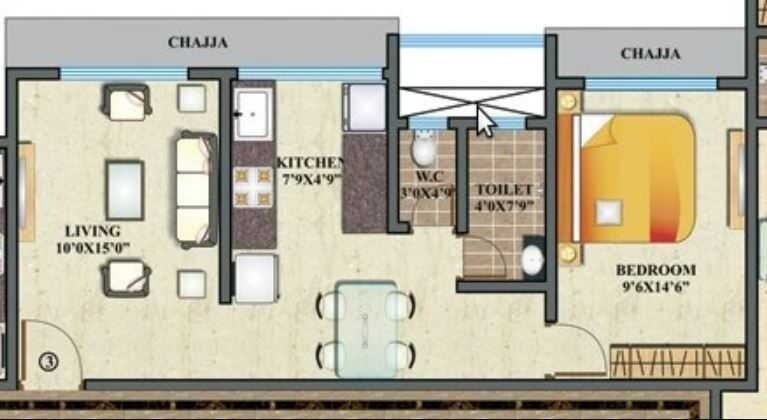 Floor plan of 1 BHK 880 Sq. Ft. Apartment in Subhashini CHS, Palghar