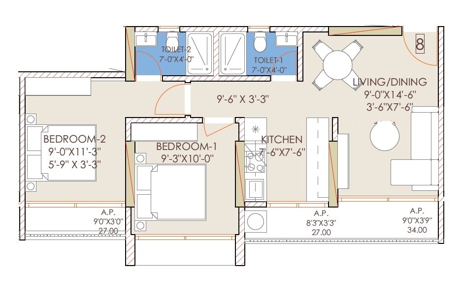 Floor plan of 2 BHK 624 Sq. Ft. Apartment in Sudham Shree Krishna Heights, Palghar