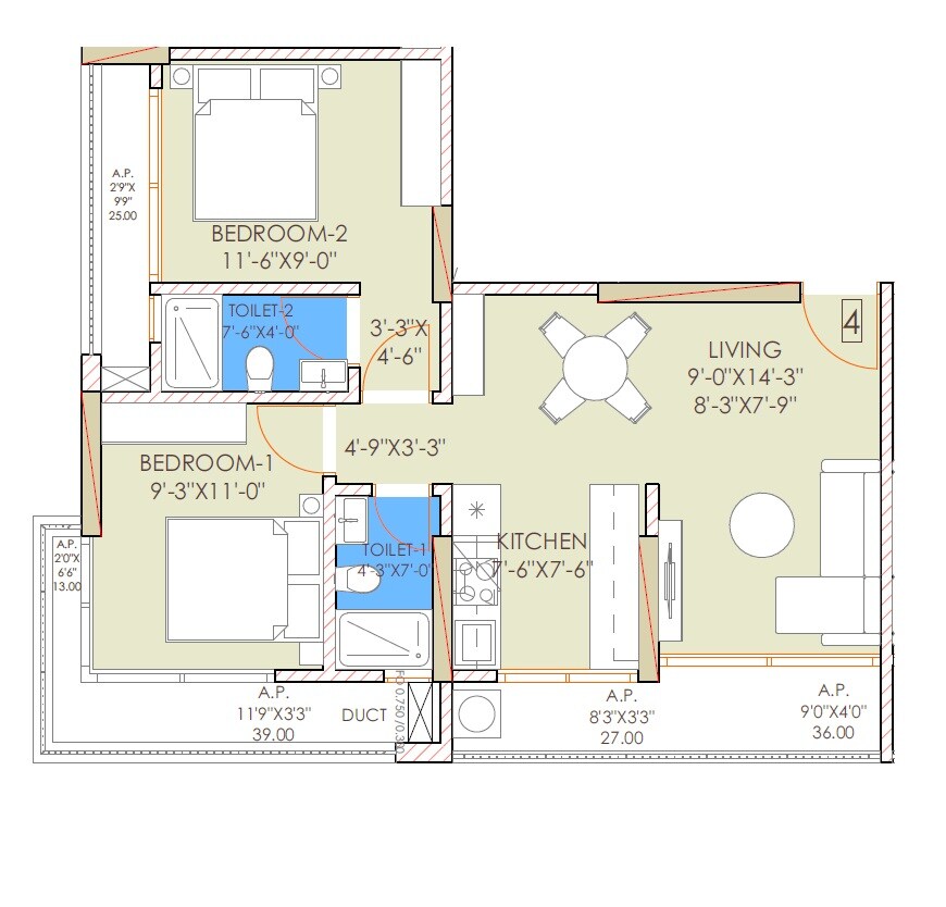 Floor plan of 2 BHK 745 Sq. Ft. Apartment in Sudham Shree Krishna Heights, Palghar
