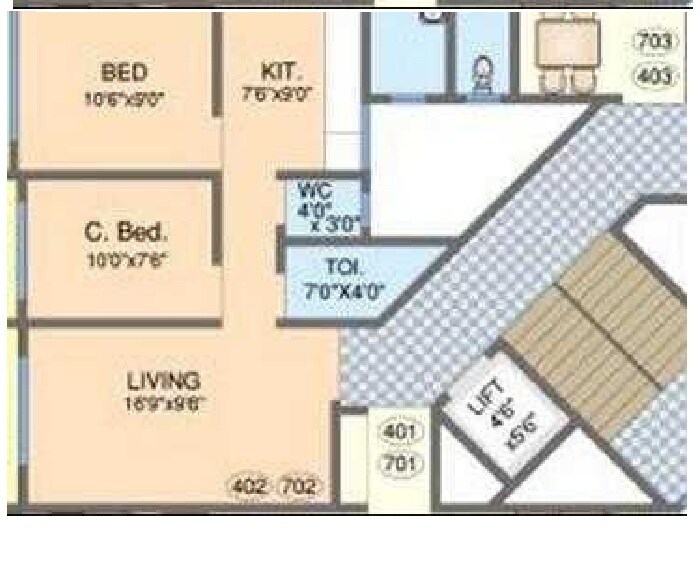 Floor plan of 2 BHK 412 Sq. Ft. Apartment in Sugandhi Heights, Palghar