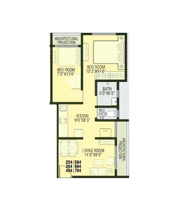 Floor plan of 2 BHK 541 Sq. Ft. Apartment in Sugandhi Sai Kiran, Palghar