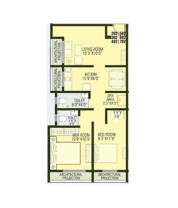 Floor plan of 2 BHK 672 Sq. Ft. Apartment in Sugandhi Sai Kiran, Palghar