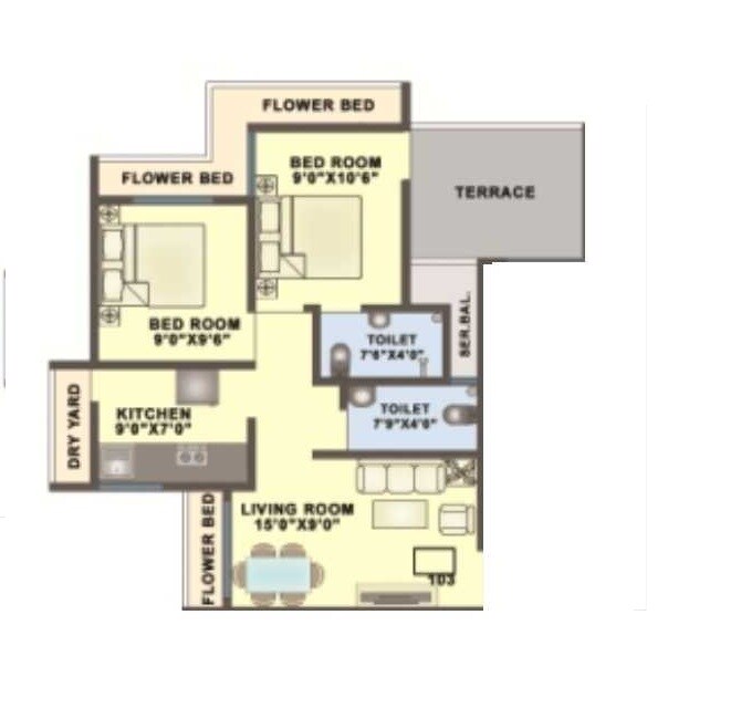 Floor plan of 2 BHK 780 Sq. Ft. Apartment in Sugandhi Shree Sugandh, Palghar