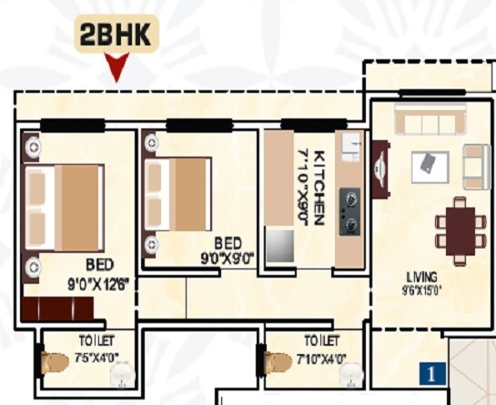 Floor plan of 2 BHK 577 Sq. Ft. Apartment in Sumatinath GP Complex, Palghar
