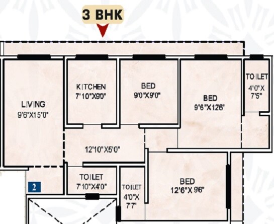 Floor plan of 3 BHK 795 Sq. Ft. Apartment in Sumatinath GP Complex, Palghar