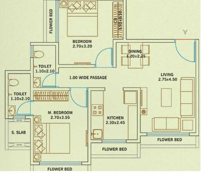 Floor plan of 2 BHK 830 Sq. Ft. Apartment in Sumit Greendale, Palghar