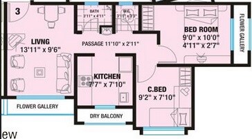 Floor plan of 2 BHK 670 Sq. Ft. Apartment in Sun Nidhi Park, Palghar