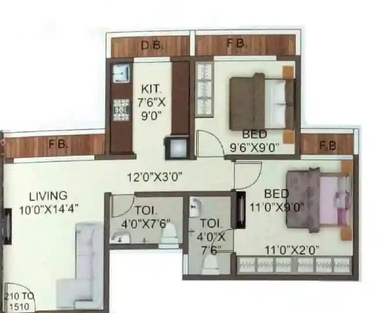 Floor plan of 2 BHK 509 Sq. Ft. Apartment in Sun Shine Solaris, Palghar