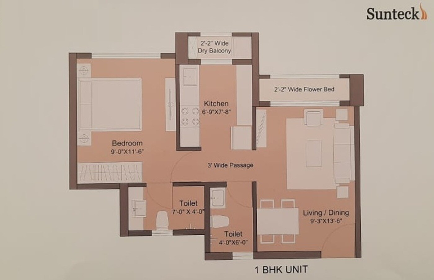 Floor plan of 1 BHK 395 Sq. Ft. Apartment in Sunteck Hillview, Palghar