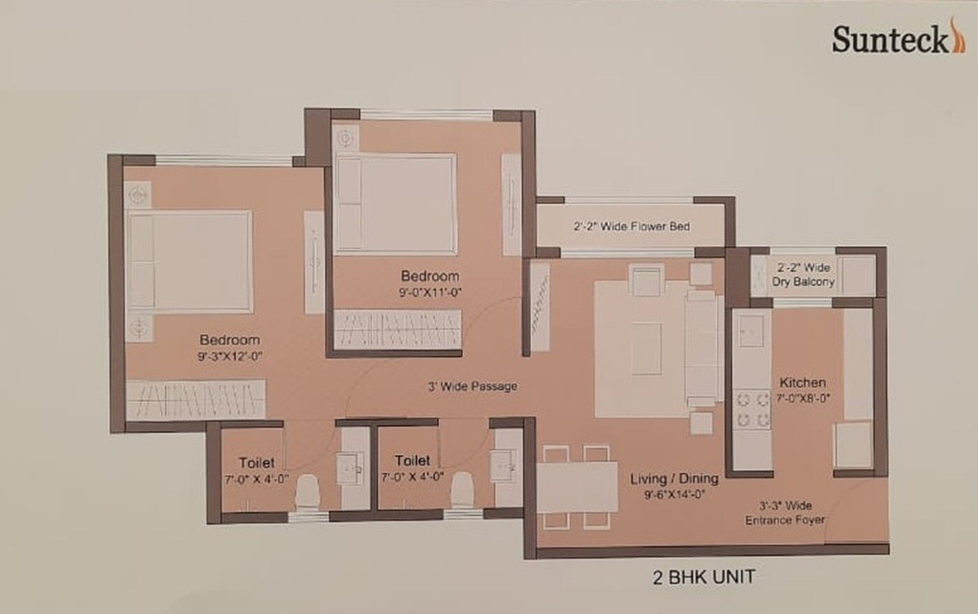 Floor plan of 2 BHK 570 Sq. Ft. Apartment in Sunteck Hillview, Palghar