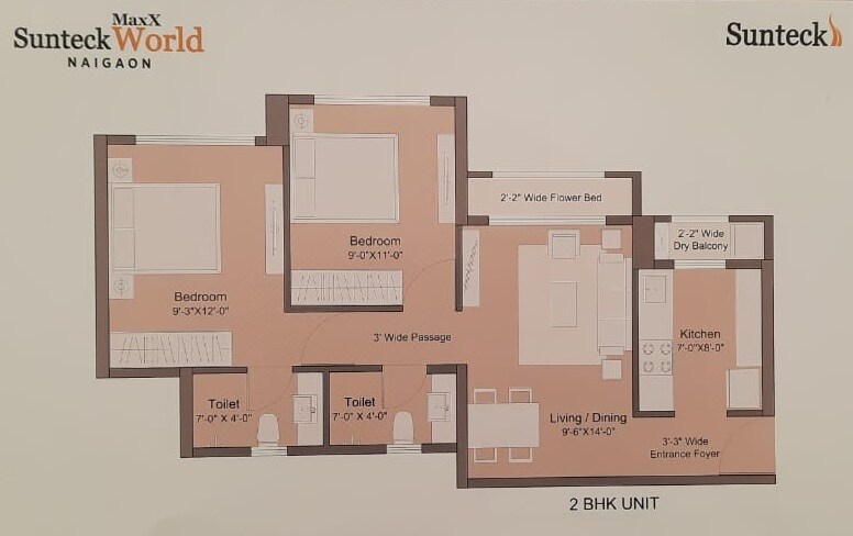 Floor plan of 2 BHK 570 Sq. Ft. Apartment in Sunteck Maxxworld, Palghar