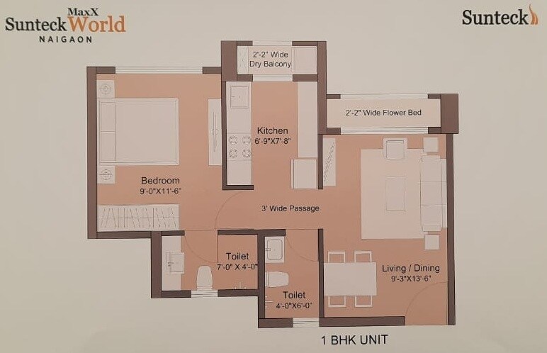 Floor plan of 1 BHK 392 Sq. Ft. Apartment in Sunteck Maxxworld 2, Palghar