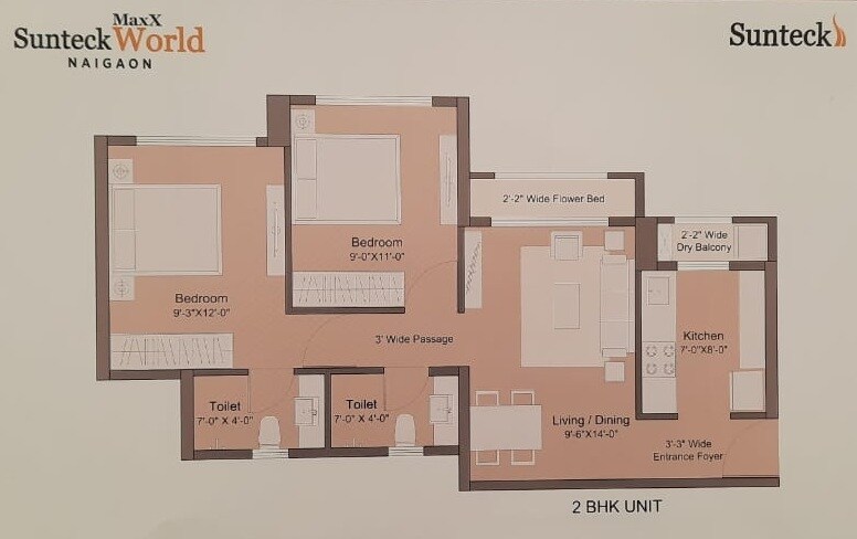 Floor plan of 2 BHK 506 Sq. Ft. Apartment in Sunteck Maxxworld 2, Palghar