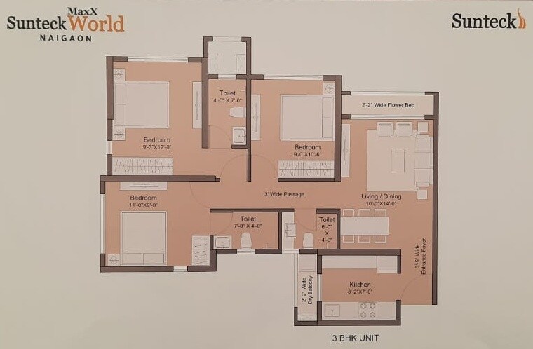 Floor plan of 3 BHK 637 Sq. Ft. Apartment in Sunteck Maxxworld 3, Palghar