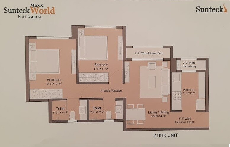 Floor plan of 2 BHK 506 Sq. Ft. Apartment in Sunteck Maxxworld 4, Palghar