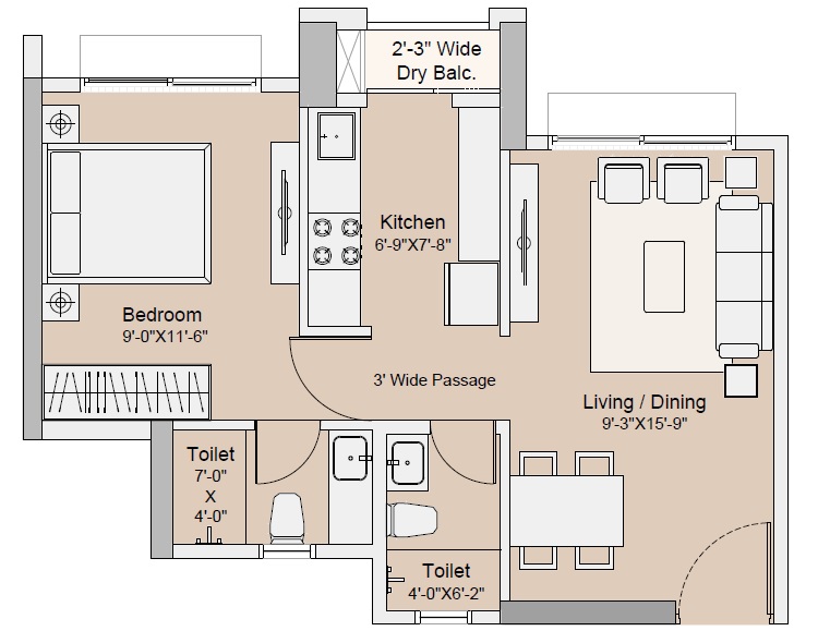 1 BHK 311 Sq. Ft. Apartment in Sunteck One World