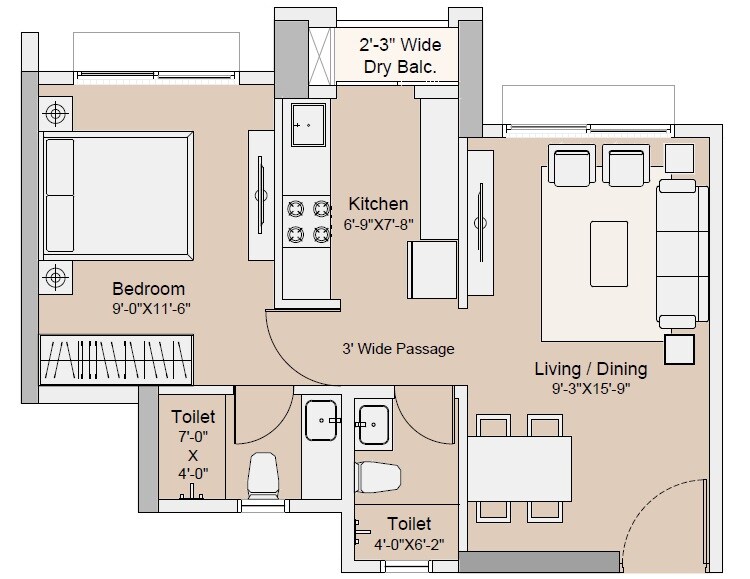 Floor plan of 1 BHK 407 Sq. Ft. Apartment in Sunteck One World, Palghar