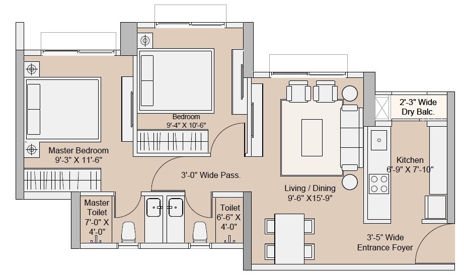 Floor plan of 2 BHK 550 Sq. Ft. Apartment in Sunteck One World, Palghar