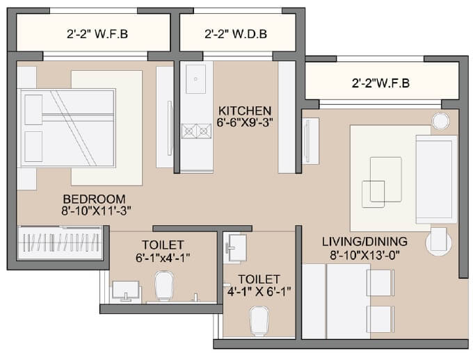 Floor plan of 1 BHK 285 Sq. Ft. Apartment in Sunteck West World, Palghar