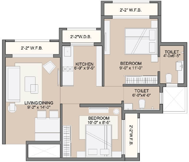 Floor plan of 2 BHK 450 Sq. Ft. Apartment in Sunteck West World, Palghar