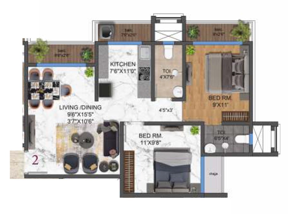 Floor plan of 2 BHK 630 Sq. Ft. Apartment in SVBP Shanti Niketan, Palghar