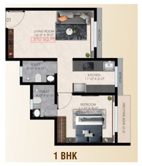Floor plan of 1 BHK 370 Sq. Ft. Apartment in Tania Mona Tower, Palghar