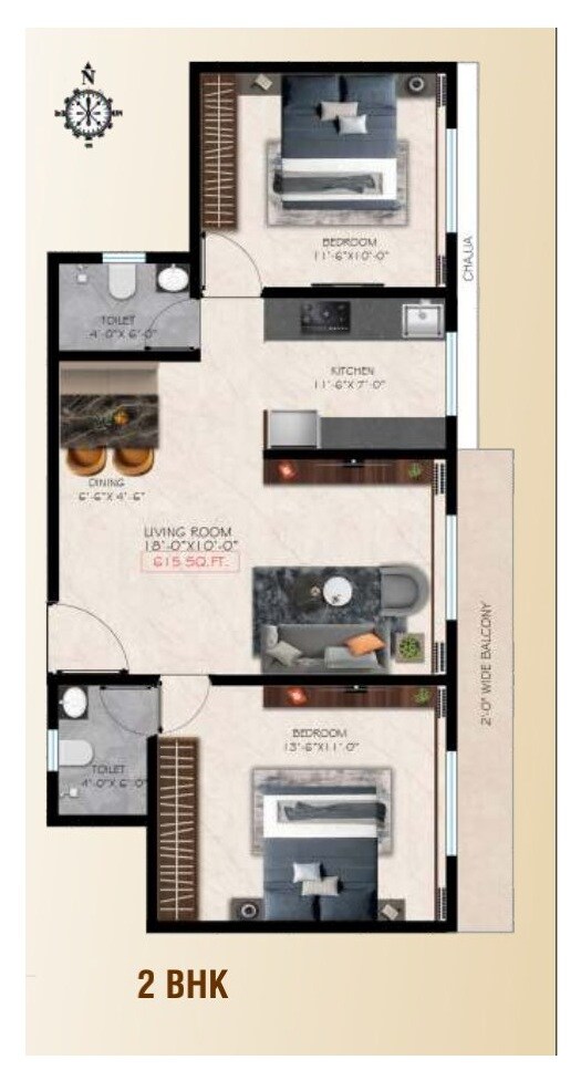 Floor plan of 2 BHK 615 Sq. Ft. Apartment in Tania Mona Tower, Palghar