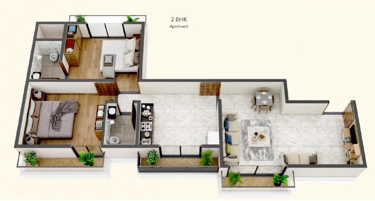 Floor plan of 2 BHK 595 Sq. Ft. Apartment in Tania Skyline, Palghar