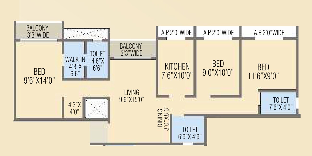 Floor plan of 3 BHK 845 Sq. Ft. Apartment in Tania Skyline, Palghar