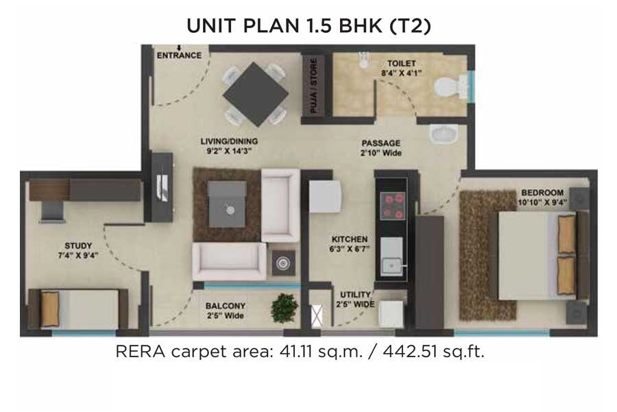 Floor plan of 1 BHK 442 Sq. Ft. Apartment in Tata New Haven, Palghar